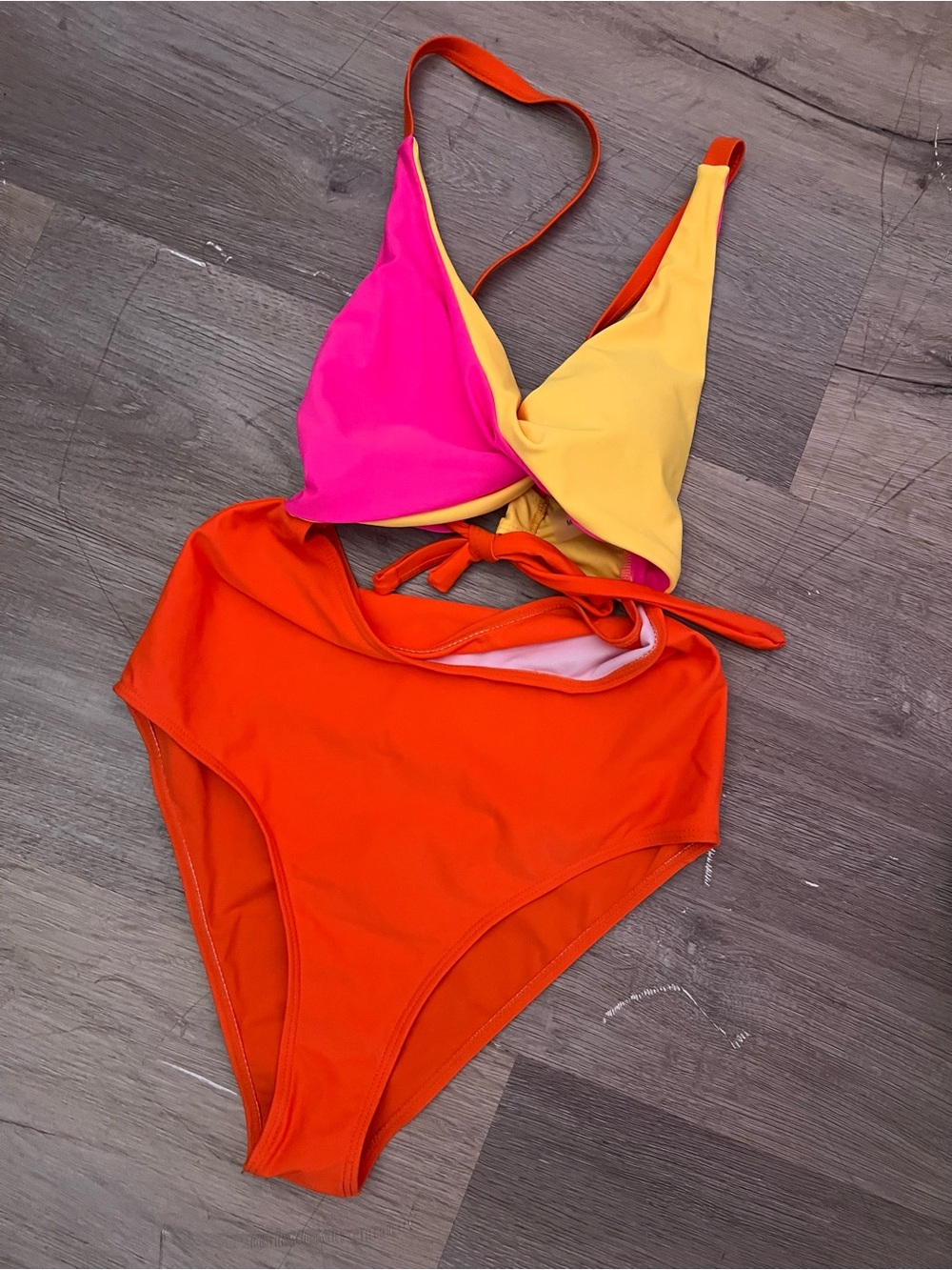 Colorblock Triangle Bikini Set — Pink, Yellow & Orange